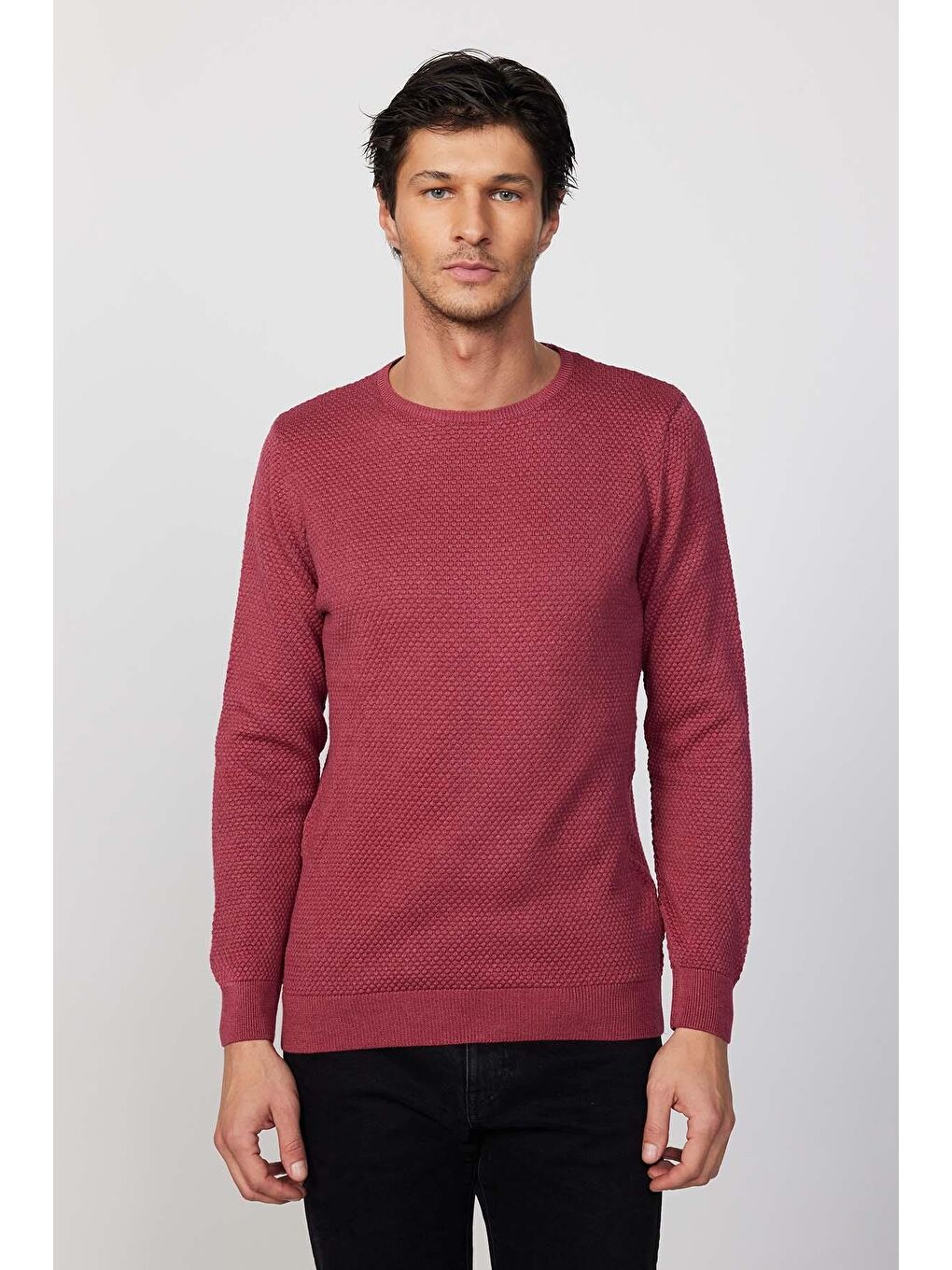 Erkek Standart Fit Normal Kesim Bisiklet Yaka Petek Desenli Bordo Triko Kazak-2