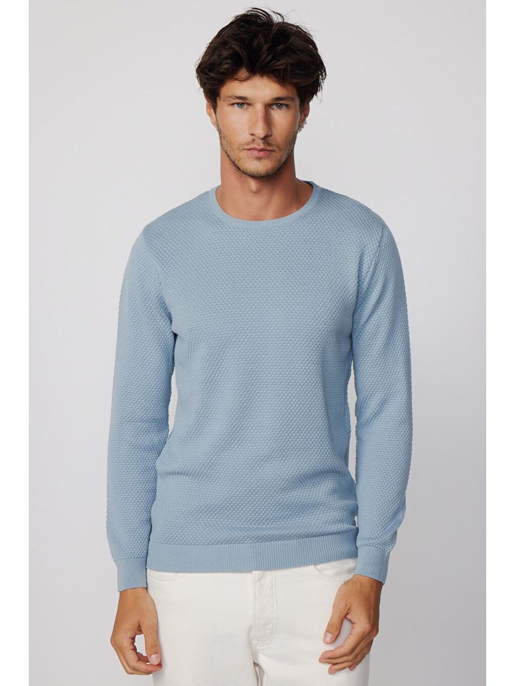 Erkek Standart Fit Normal Kesim Bisiklet Yaka Petek Desenli Mavi Triko Kazak-1