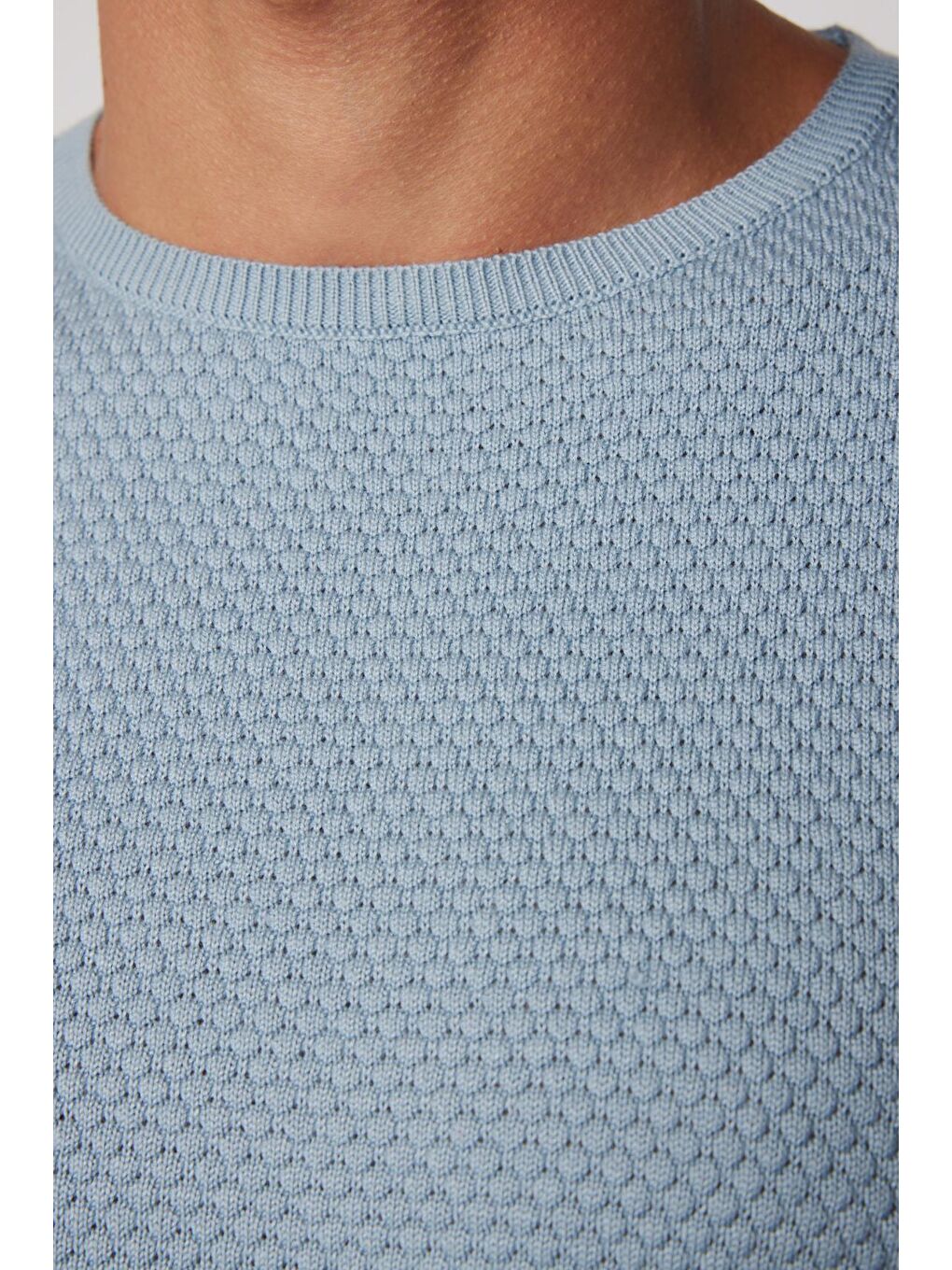 Erkek Standart Fit Normal Kesim Bisiklet Yaka Petek Desenli Mavi Triko Kazak-3