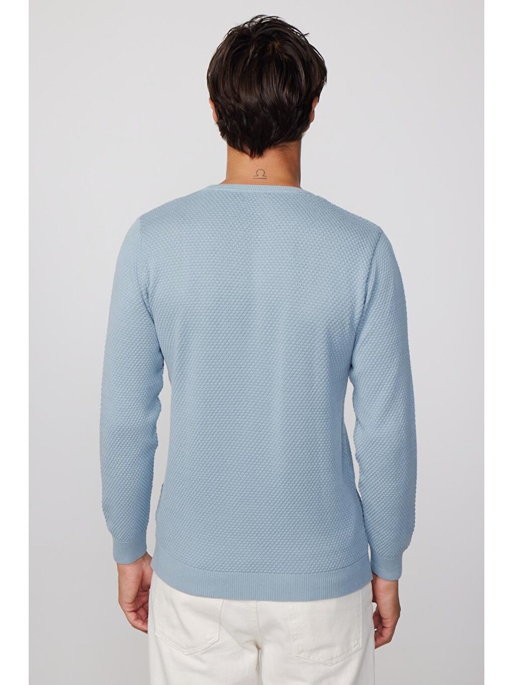 Erkek Standart Fit Normal Kesim Bisiklet Yaka Petek Desenli Mavi Triko Kazak-4