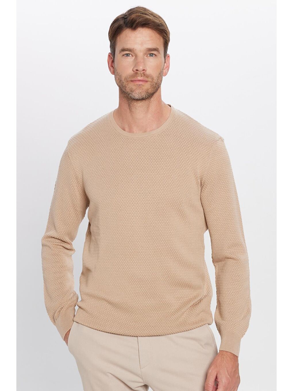 Bej Erkek Standart Fit Normal Kesim Bisiklet Yaka Petek Desenli Taş Triko Kazak-1