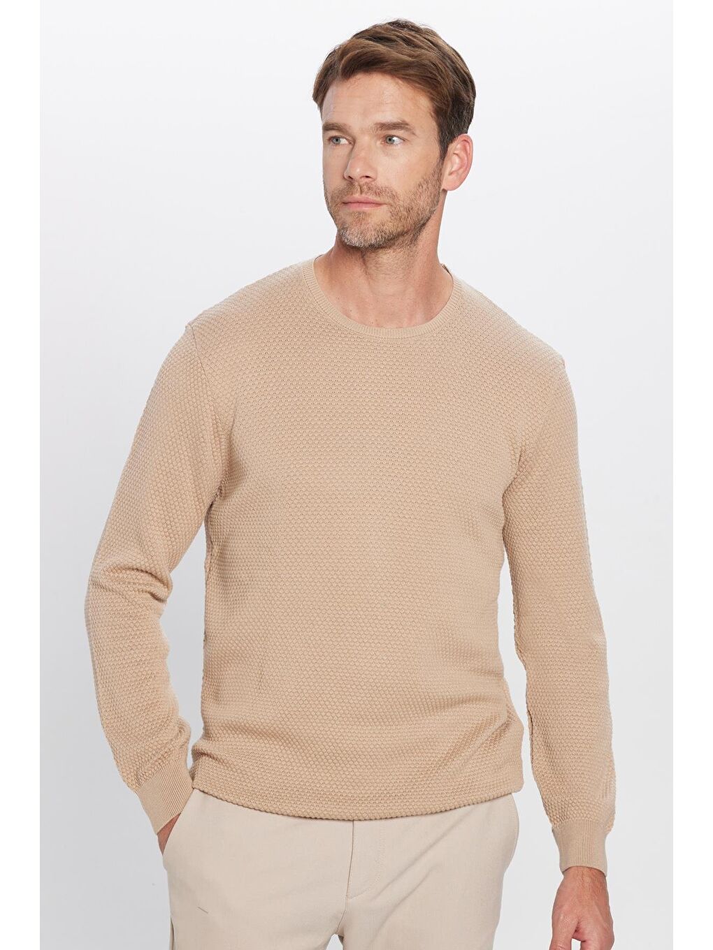 Bej Erkek Standart Fit Normal Kesim Bisiklet Yaka Petek Desenli Taş Triko Kazak-2