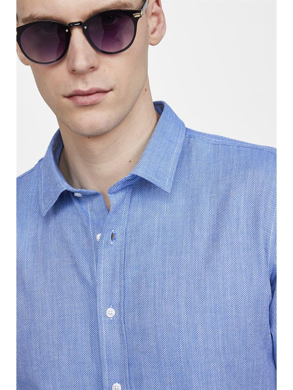 Slim Fit Uzun Kol Keten Efekt Düz Biyeli Mavi Gömlek-2