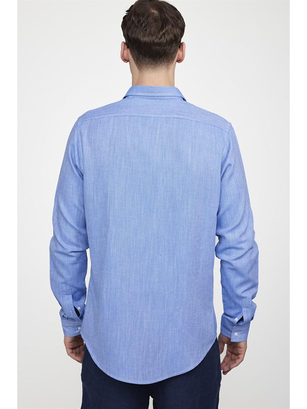 Slim Fit Uzun Kol Keten Efekt Düz Biyeli Mavi Gömlek-3