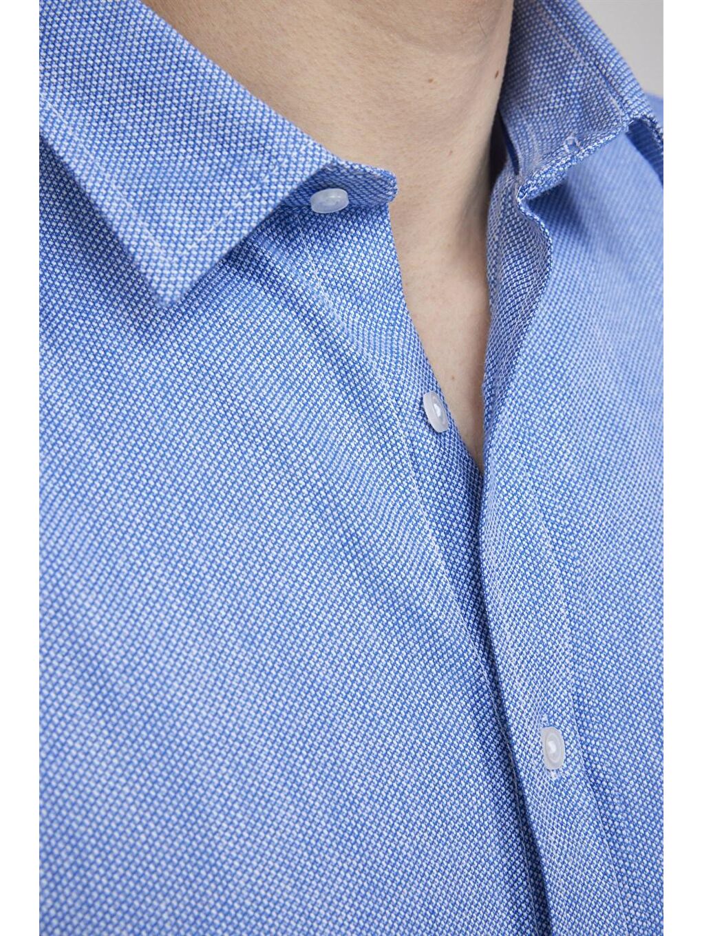 Slim Fit Uzun Kol Keten Efekt Düz Biyeli Mavi Gömlek-4
