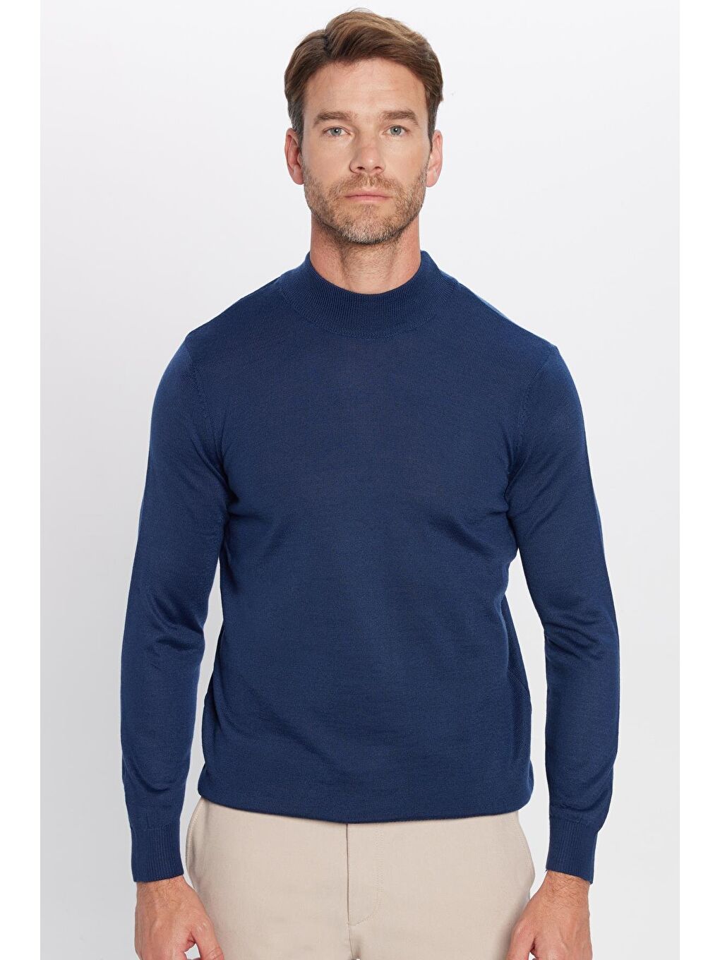 Erkek Standart Fit Normal Kesim Yarım Balıkçı Yaka Düz Lacivert Triko Kazak-3