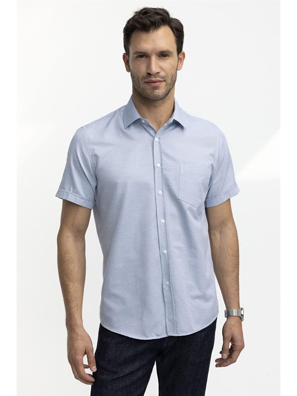 Klasik Fit Kısa Kol Armürlü Kravatlık Pamuklu Erkek Mavi Gömlek-1