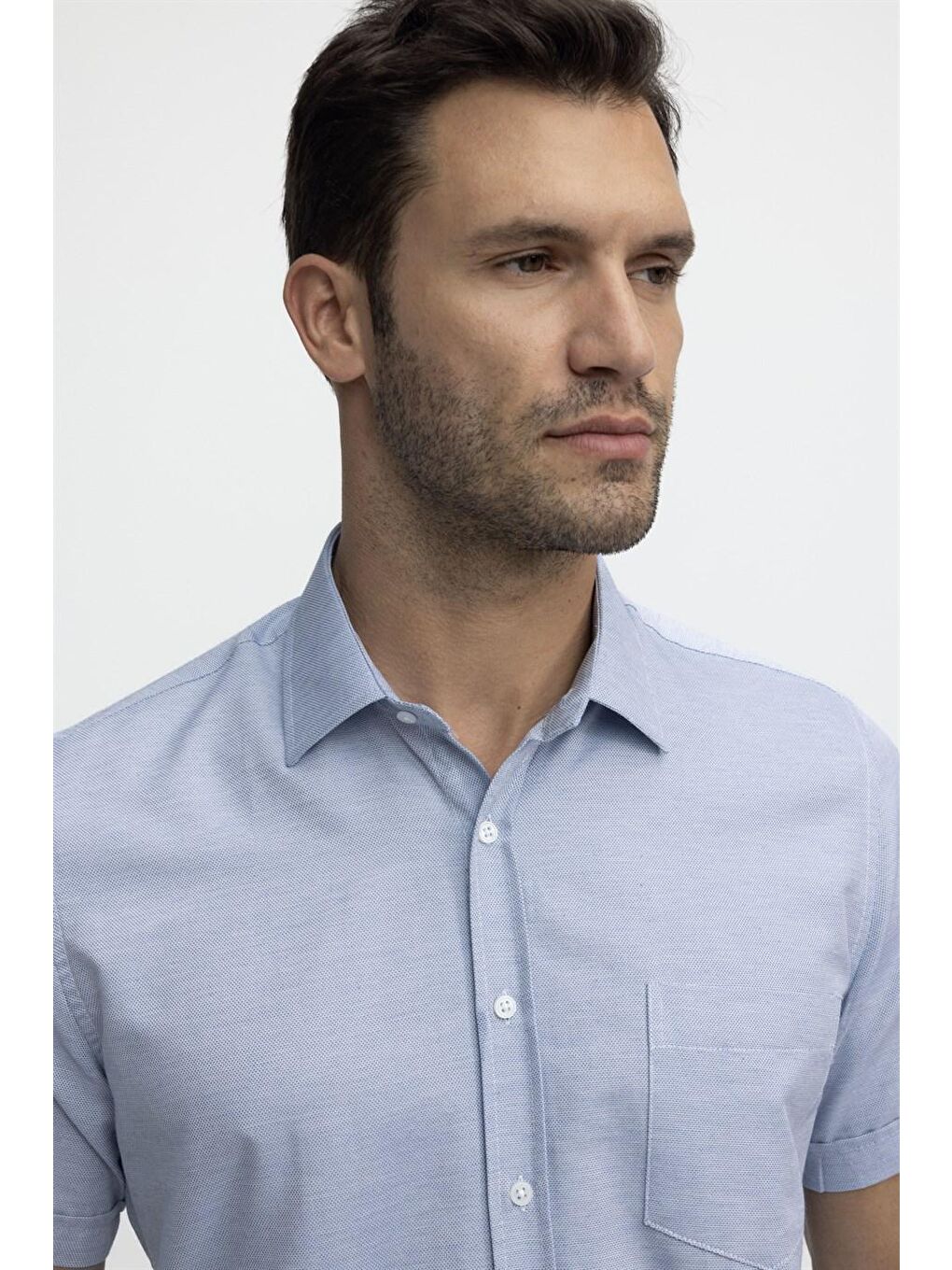 Klasik Fit Kısa Kol Armürlü Kravatlık Pamuklu Erkek Mavi Gömlek-2