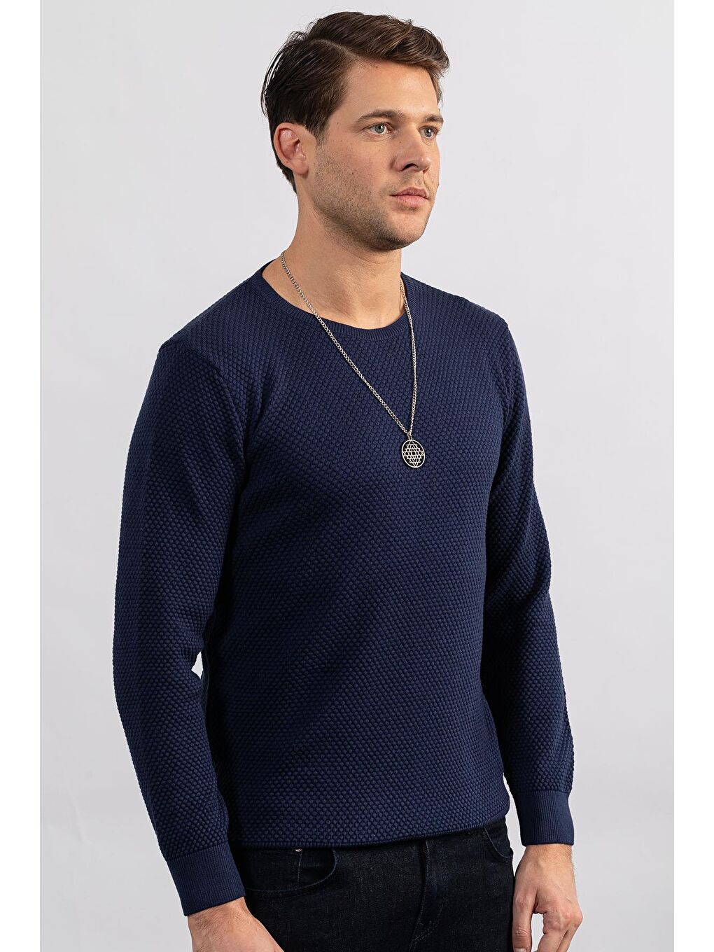 Erkek Standart Fit Normal Kesim Bisiklet Yaka Petek Desenli Lacivert Triko Kazak-1