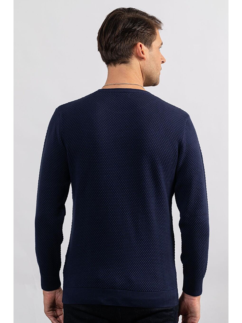 Erkek Standart Fit Normal Kesim Bisiklet Yaka Petek Desenli Lacivert Triko Kazak-3