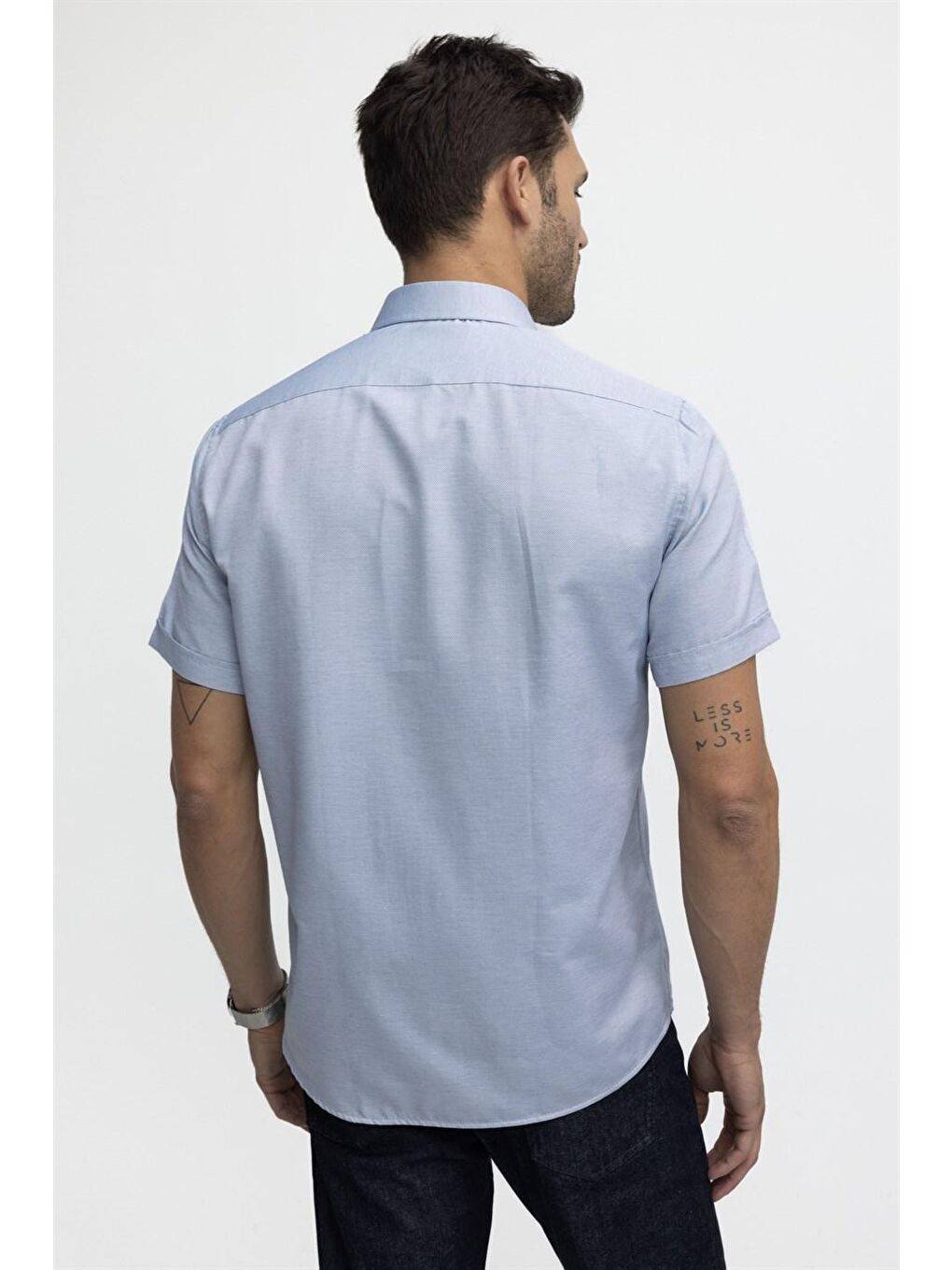 Klasik Fit Kısa Kol Armürlü Kravatlık Pamuklu Erkek Mavi Gömlek-3