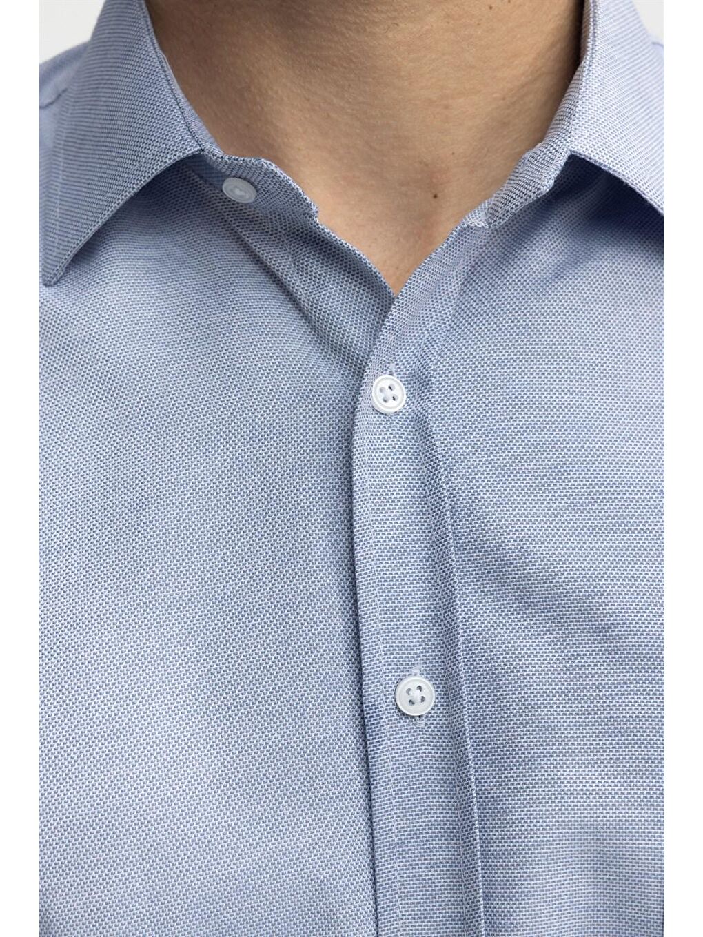 Klasik Fit Kısa Kol Armürlü Kravatlık Pamuklu Erkek Mavi Gömlek-4