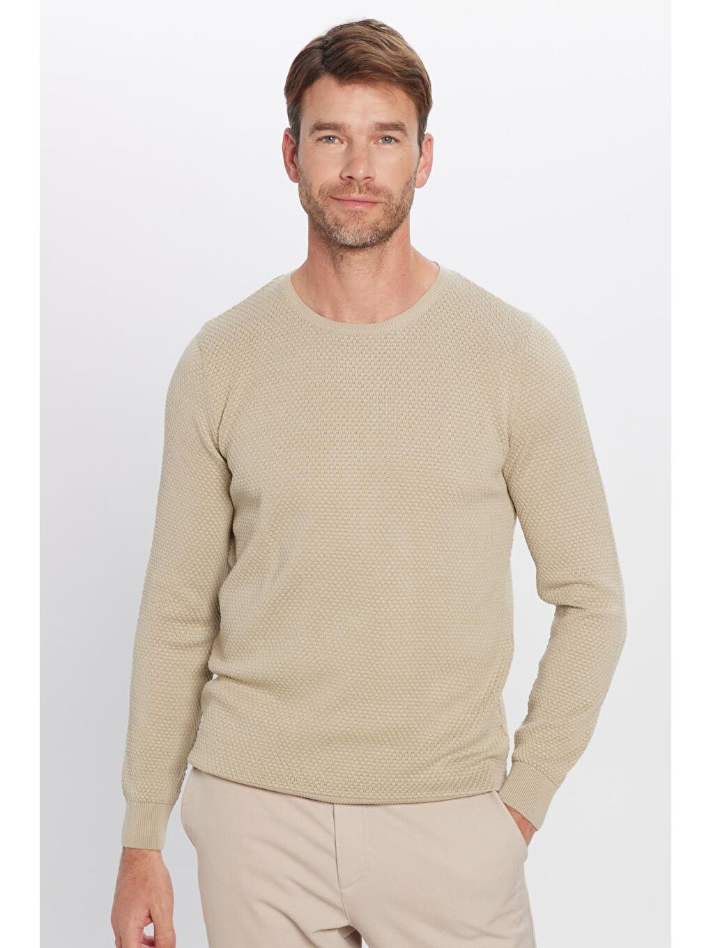 Bej Erkek Standart Fit Normal Kesim Bisiklet Yaka Petek Desenli Taş Triko Kazak-2