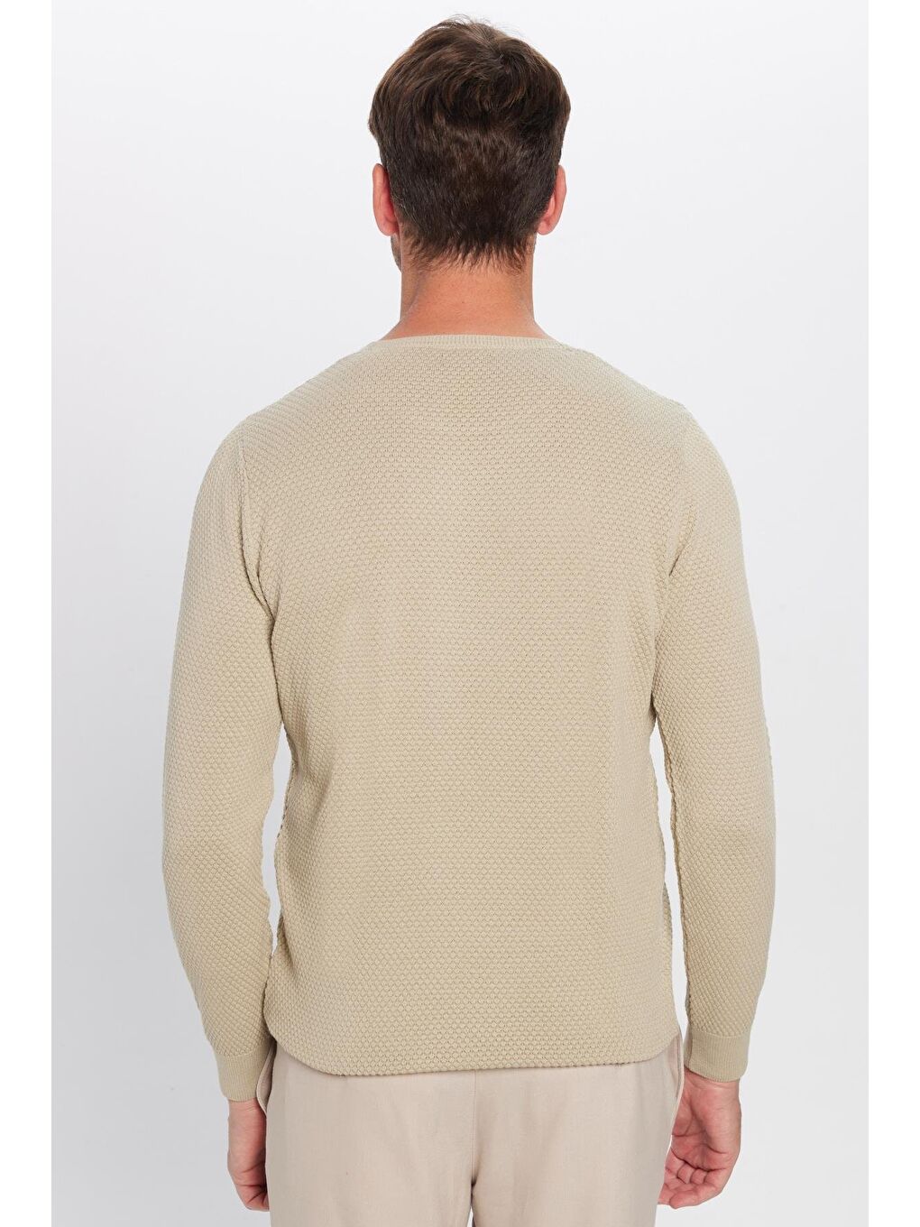 Bej Erkek Standart Fit Normal Kesim Bisiklet Yaka Petek Desenli Taş Triko Kazak-3