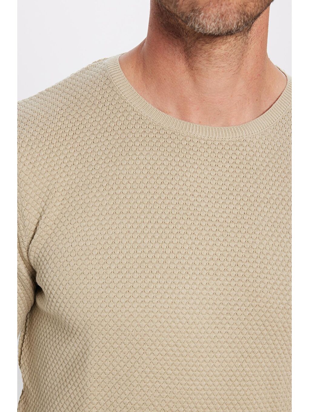 Bej Erkek Standart Fit Normal Kesim Bisiklet Yaka Petek Desenli Taş Triko Kazak-4