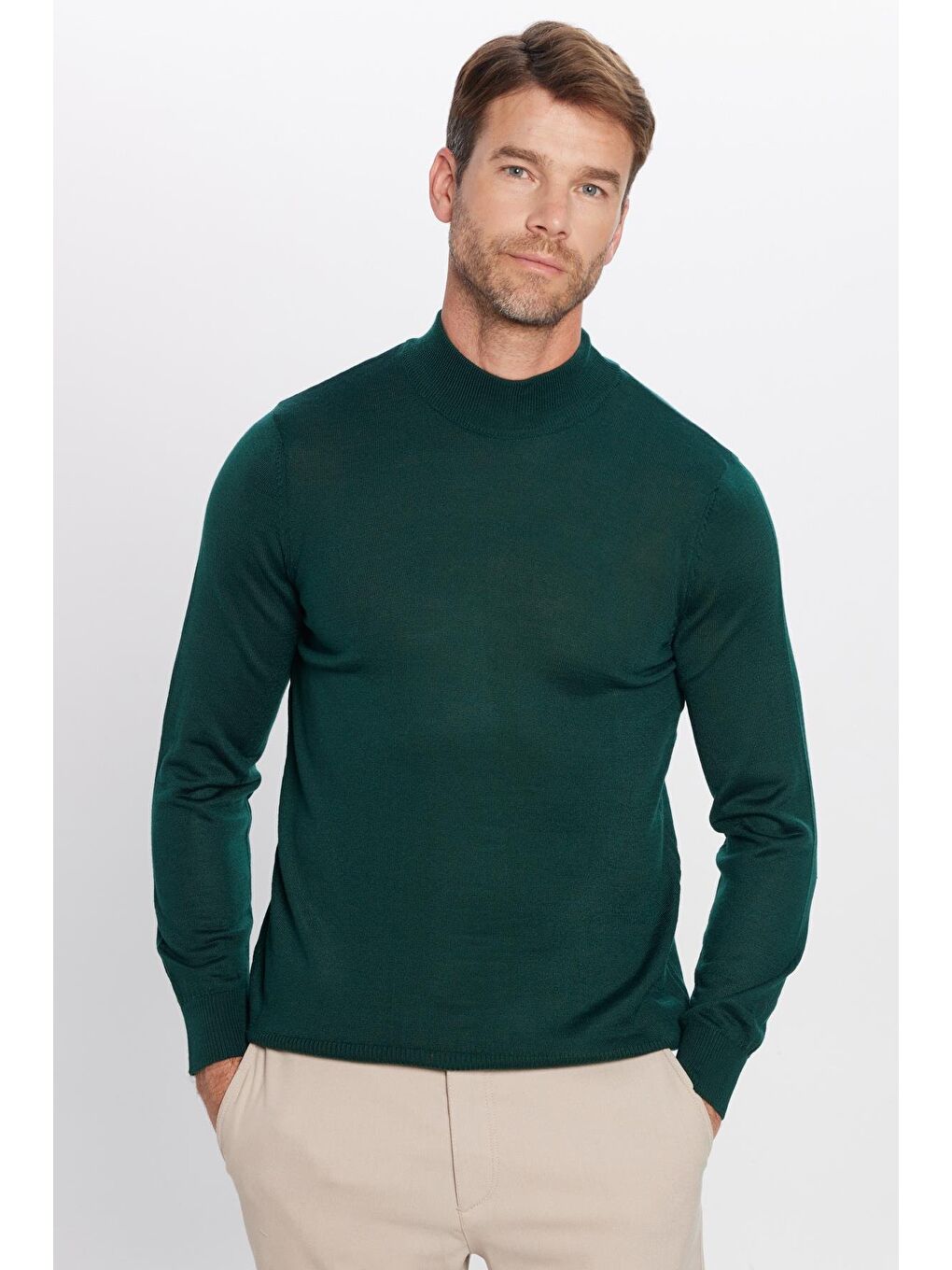 Erkek Standart Fit Normal Kesim Yarım Balıkçı Yaka Düz Yeşil Triko Kazak-4