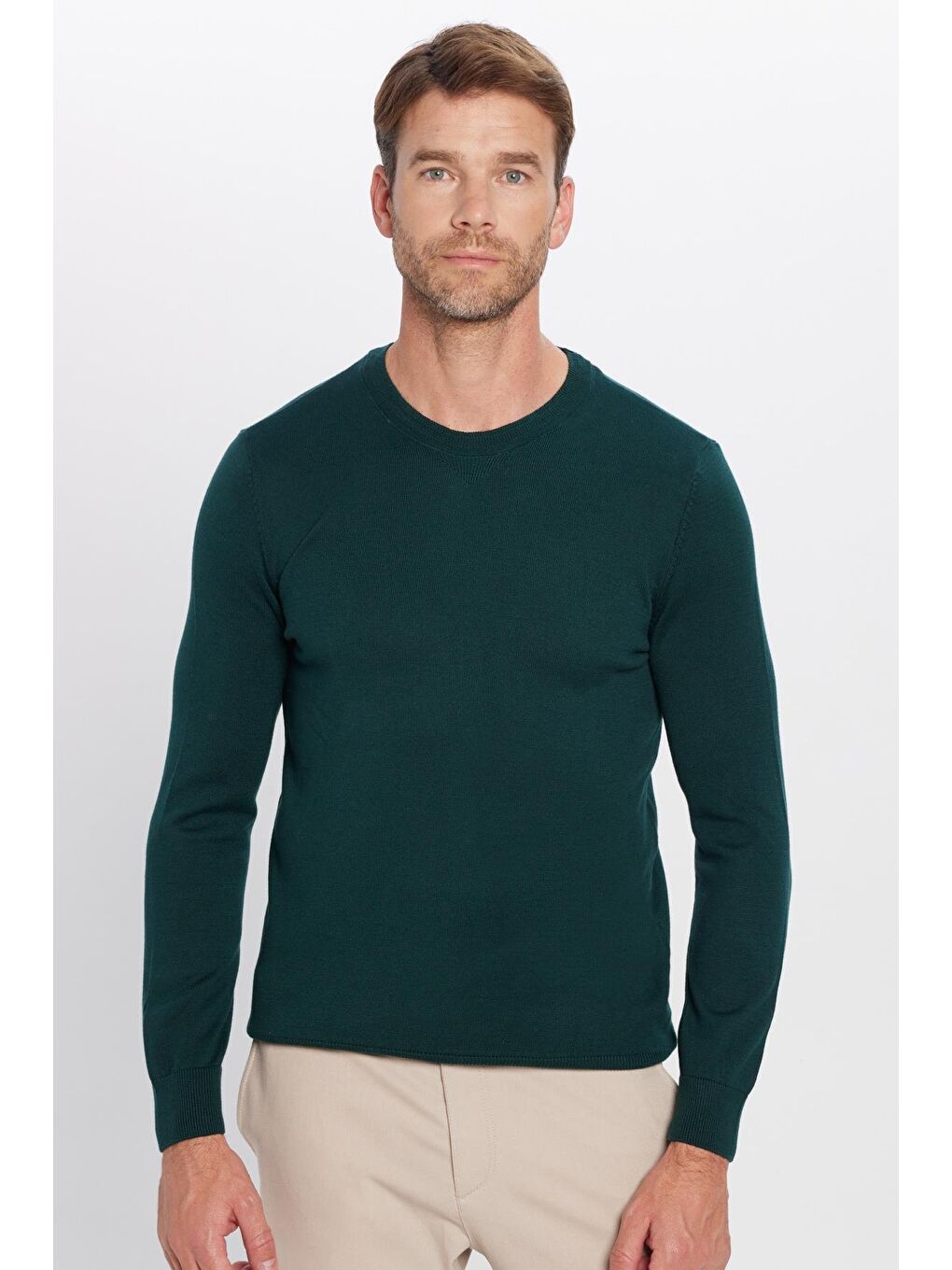 Erkek Standart Fit Normal Kesim Bisiklet Yaka Yeşil Triko Kazak-3