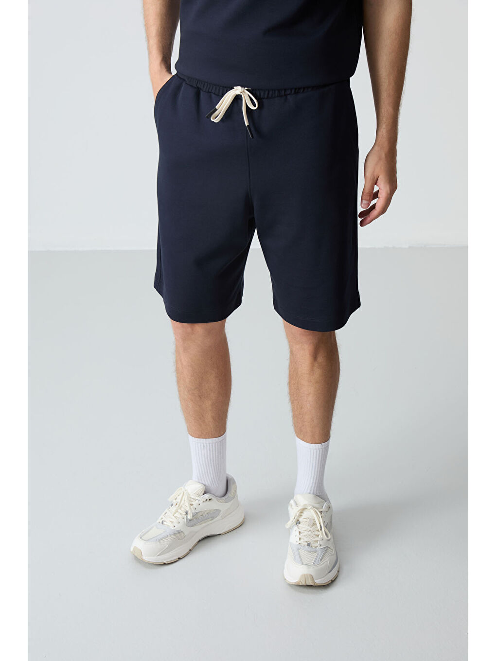 Lacivert Pamuklu Kalın Yumuşak Dokulu Comfort Fit Basic Erkek Şort Takım - 85257-1