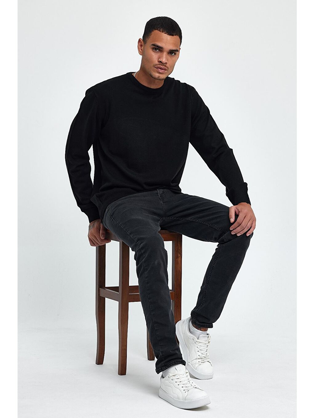 Siyah Bisiklet Yaka Kaşmir Triko Sweat spr24tr001-3