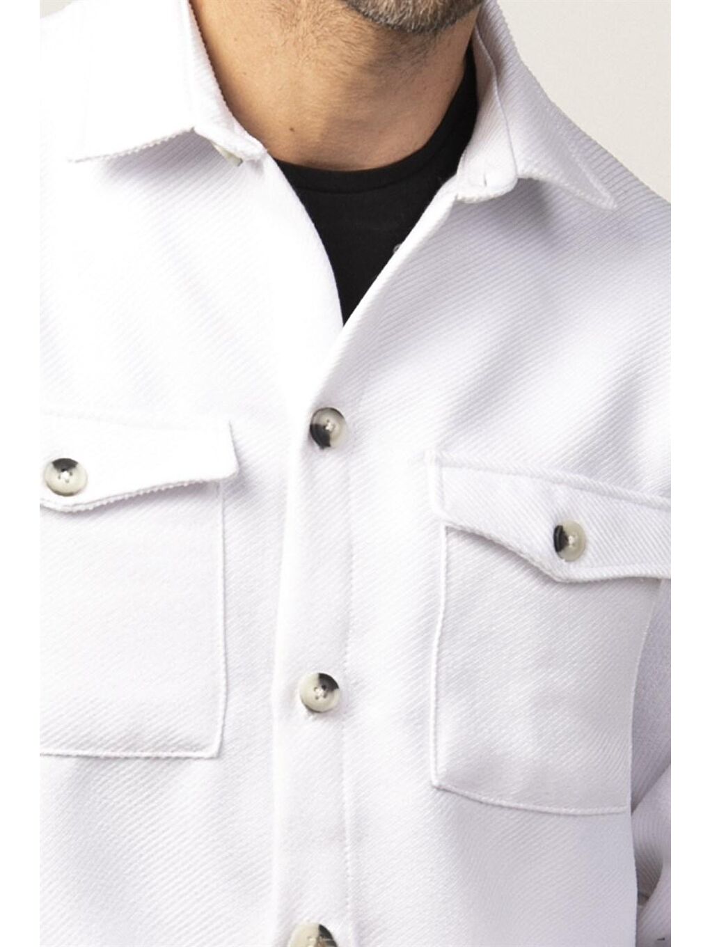 Relax Fit Çift Cep Kapaklı Kışlık Erkek Beyaz Gömlek-2