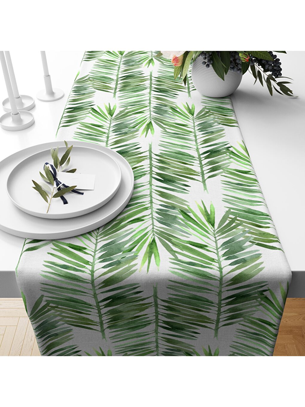 Karışık Yaprak Desenli Kadife Runner  40x140 cm