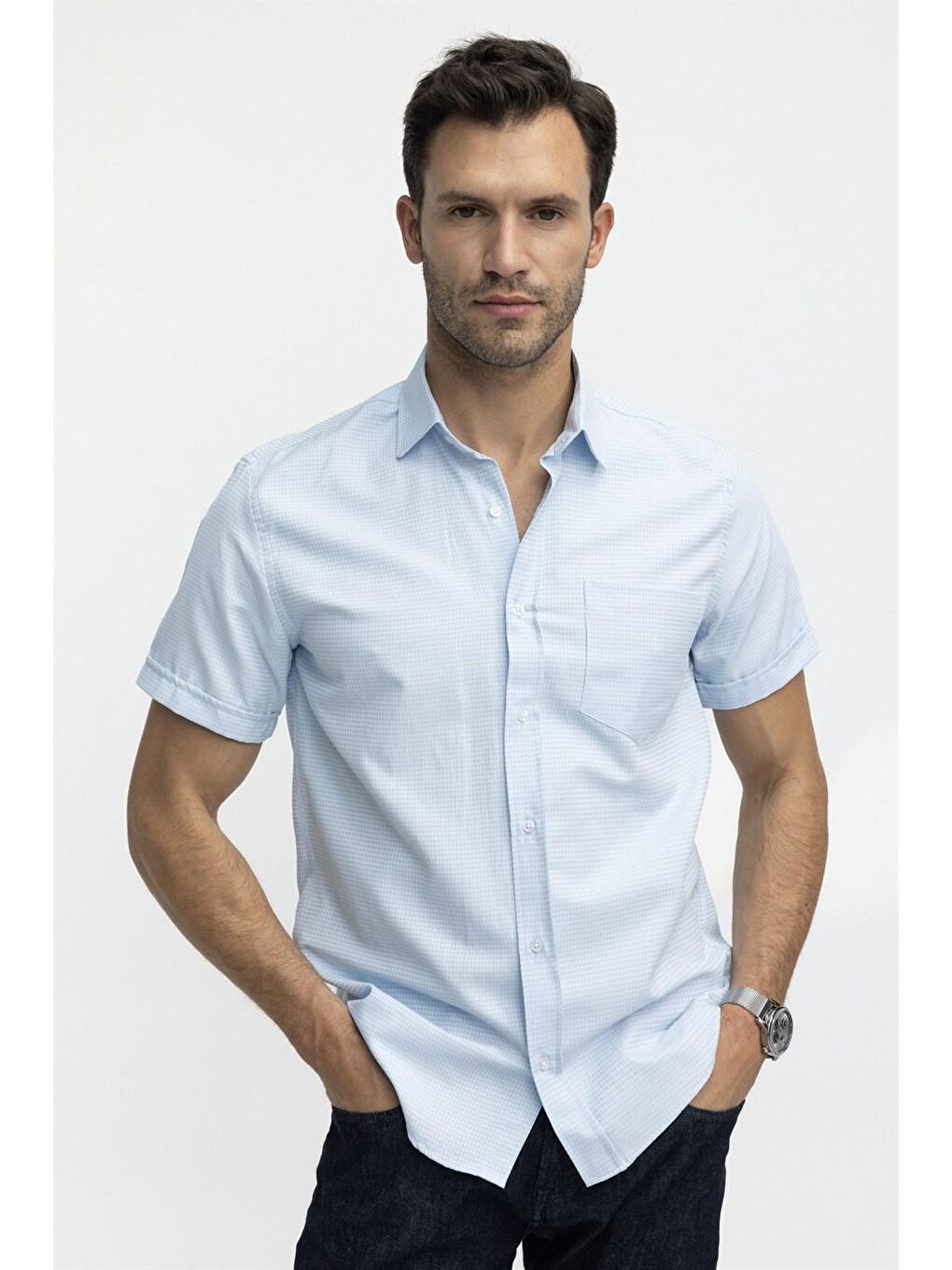 Klasik Fit Kısa Kol Armürlü Erkek Turkuaz Gömlek
