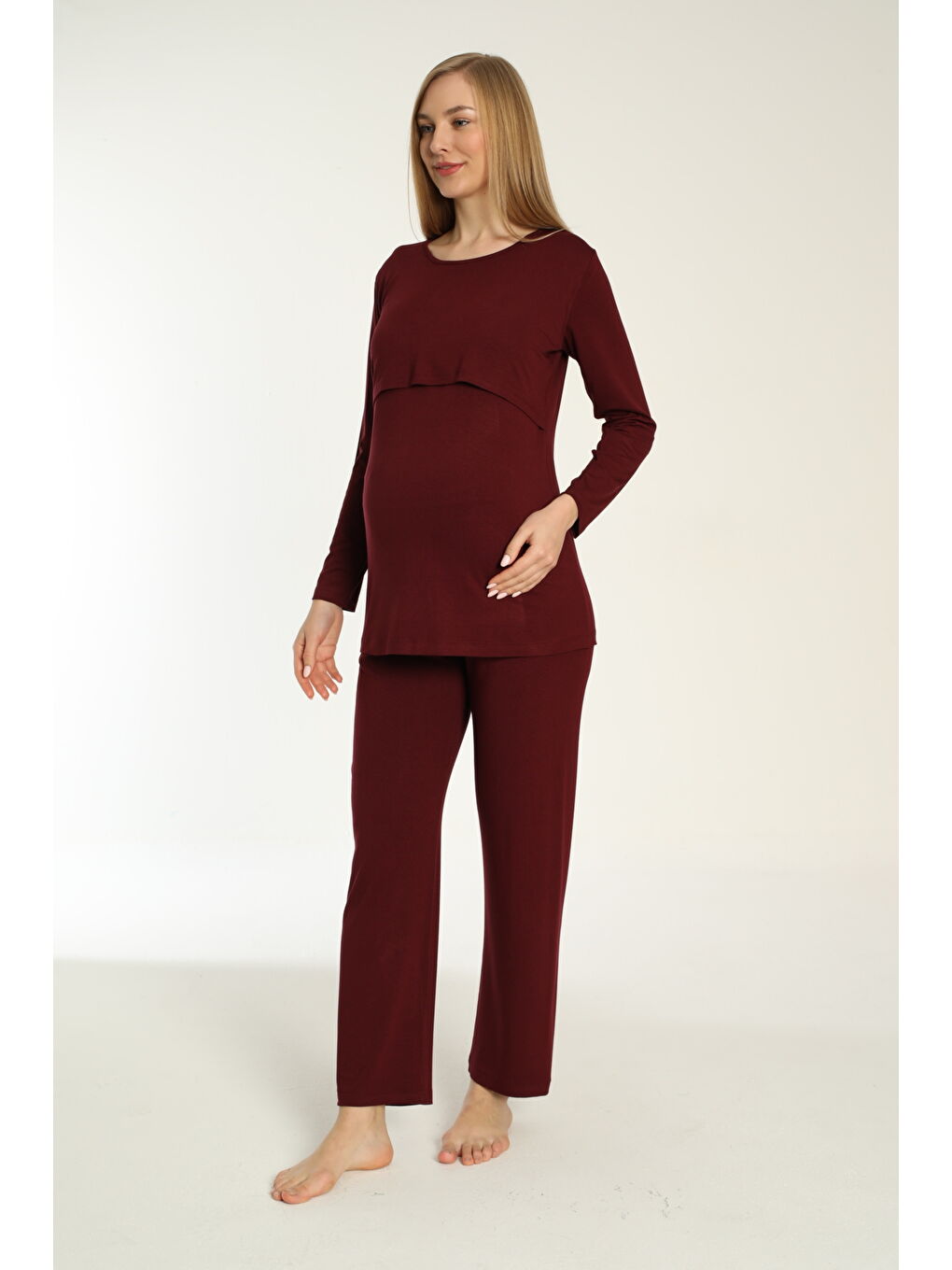 Bordo Emzirmeye Uygun Uzun Kol Lohusa Ve Hamile Pijama Takımı