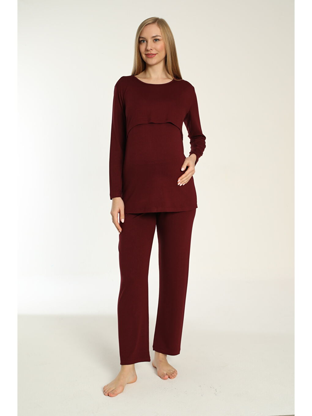 Bordo Emzirmeye Uygun Uzun Kol Lohusa Ve Hamile Pijama Takımı-1