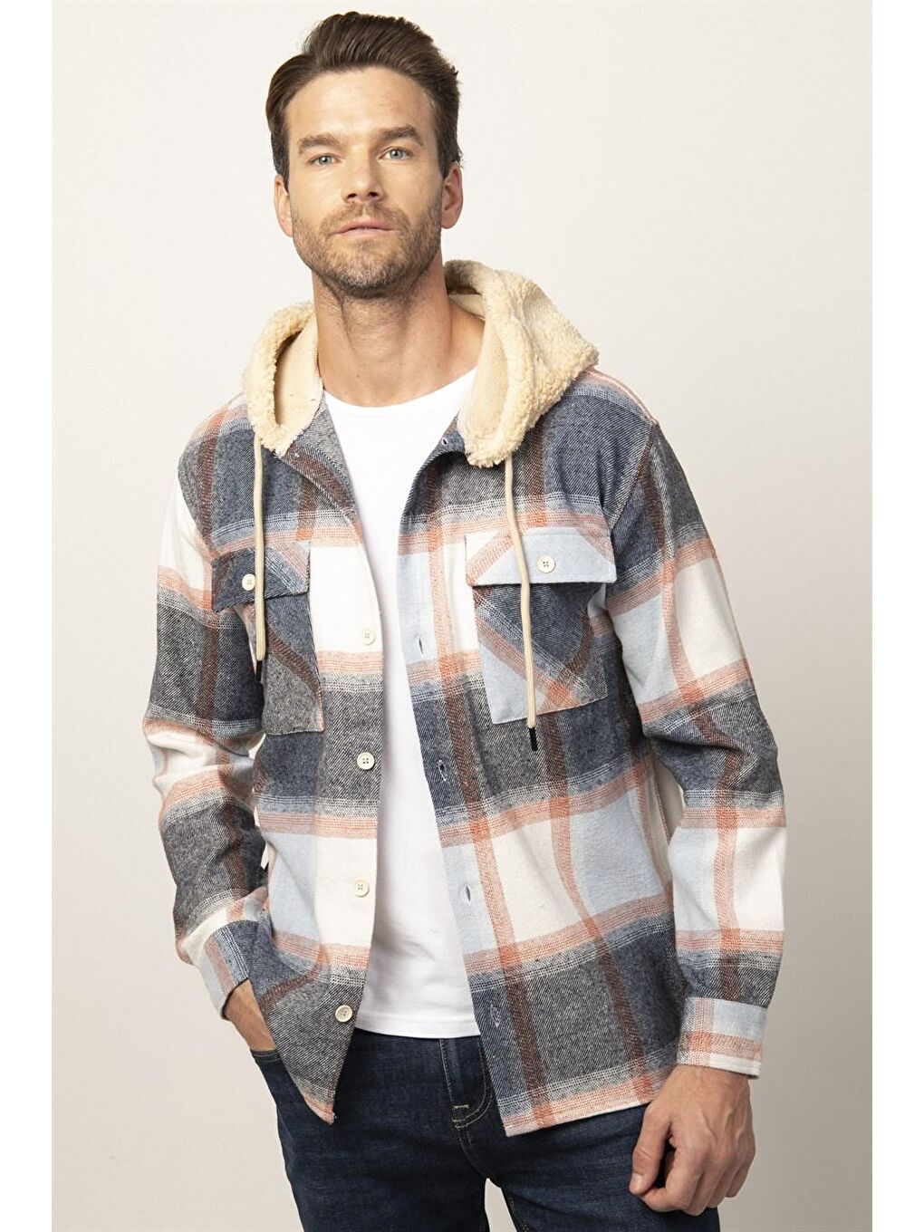 Mavi Relax Fit Kışlık Oduncu Ekoseli Çift Cep Kapaklı Kapüşonlu Erkek Renkli Gömlek-1