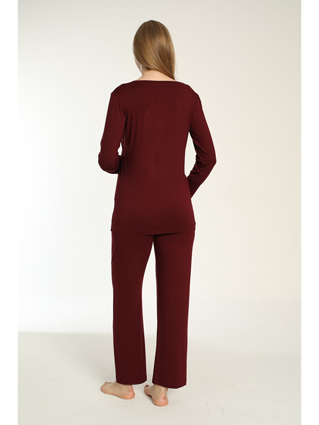 Bordo Emzirmeye Uygun Uzun Kol Lohusa Ve Hamile Pijama Takımı-3
