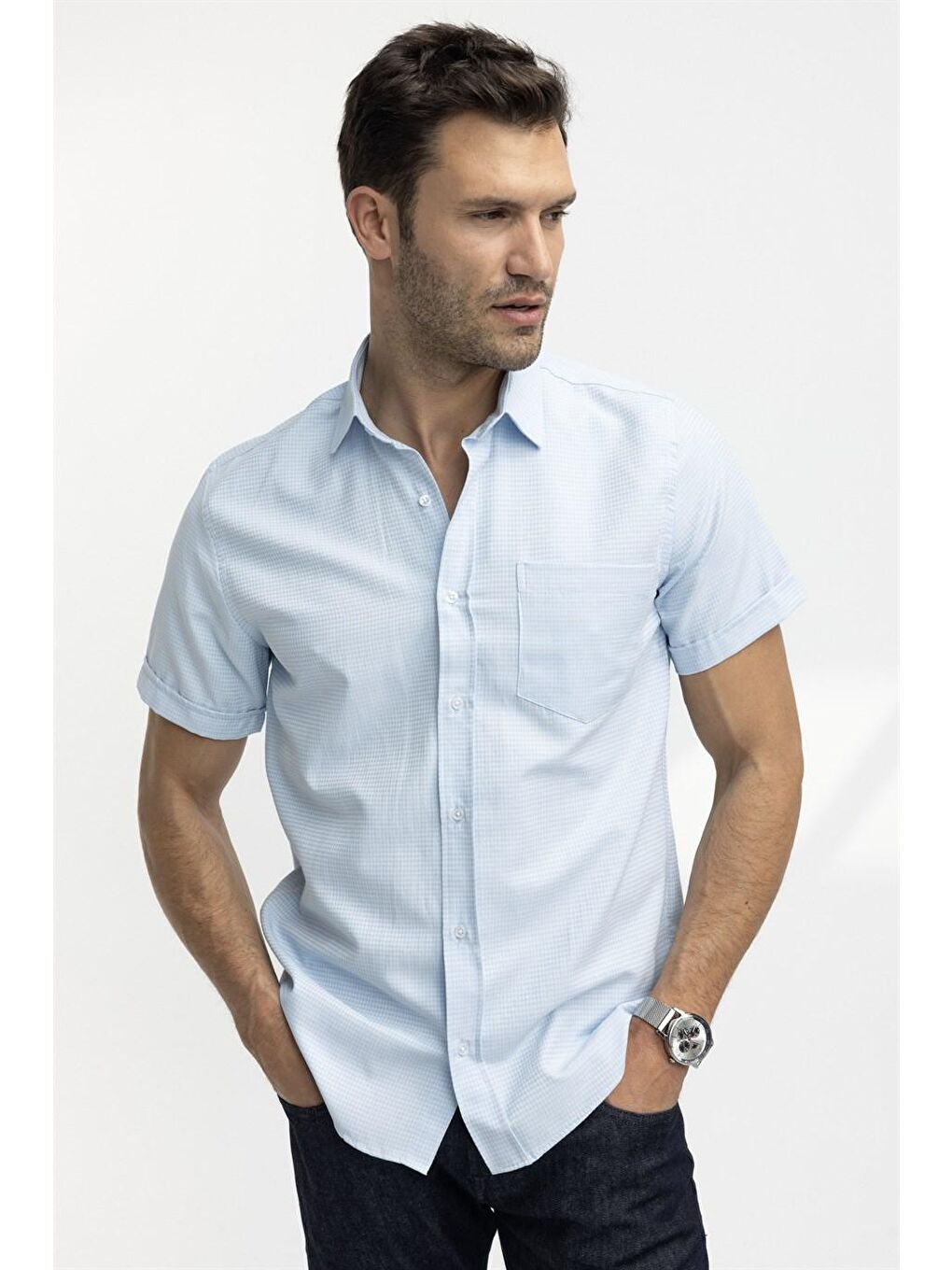 Klasik Fit Kısa Kol Armürlü Erkek Turkuaz Gömlek-1