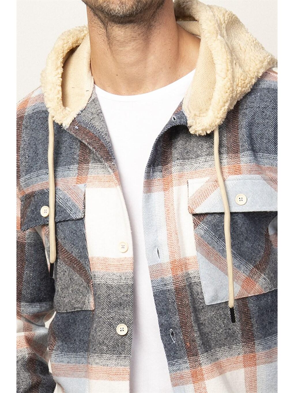 Mavi Relax Fit Kışlık Oduncu Ekoseli Çift Cep Kapaklı Kapüşonlu Erkek Renkli Gömlek-2