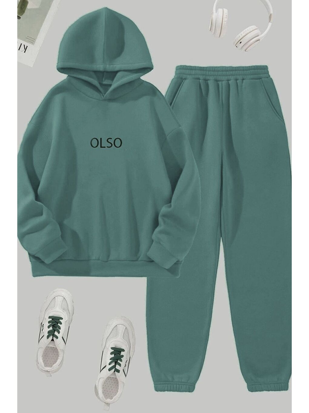 Turkuaz Kadın Su Yeşili Olso Baskılı Kapüşonlu Alt Üst Eşofman Takım