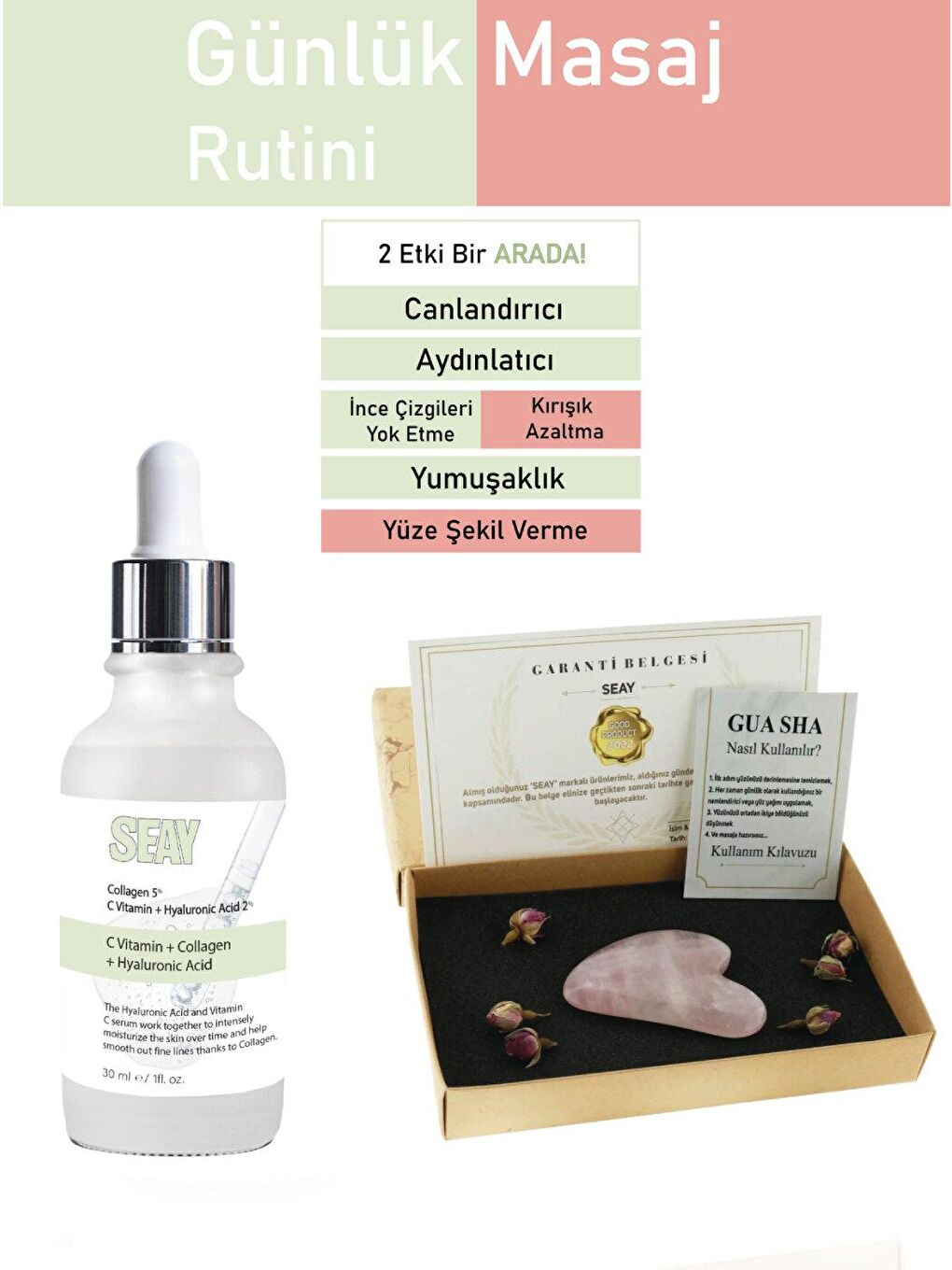 Anti-Aging C Vitaminli Cilt Bakım Serumu ve Pembe Kuvars Kalp Gua Sha Yüz Masaj Aleti