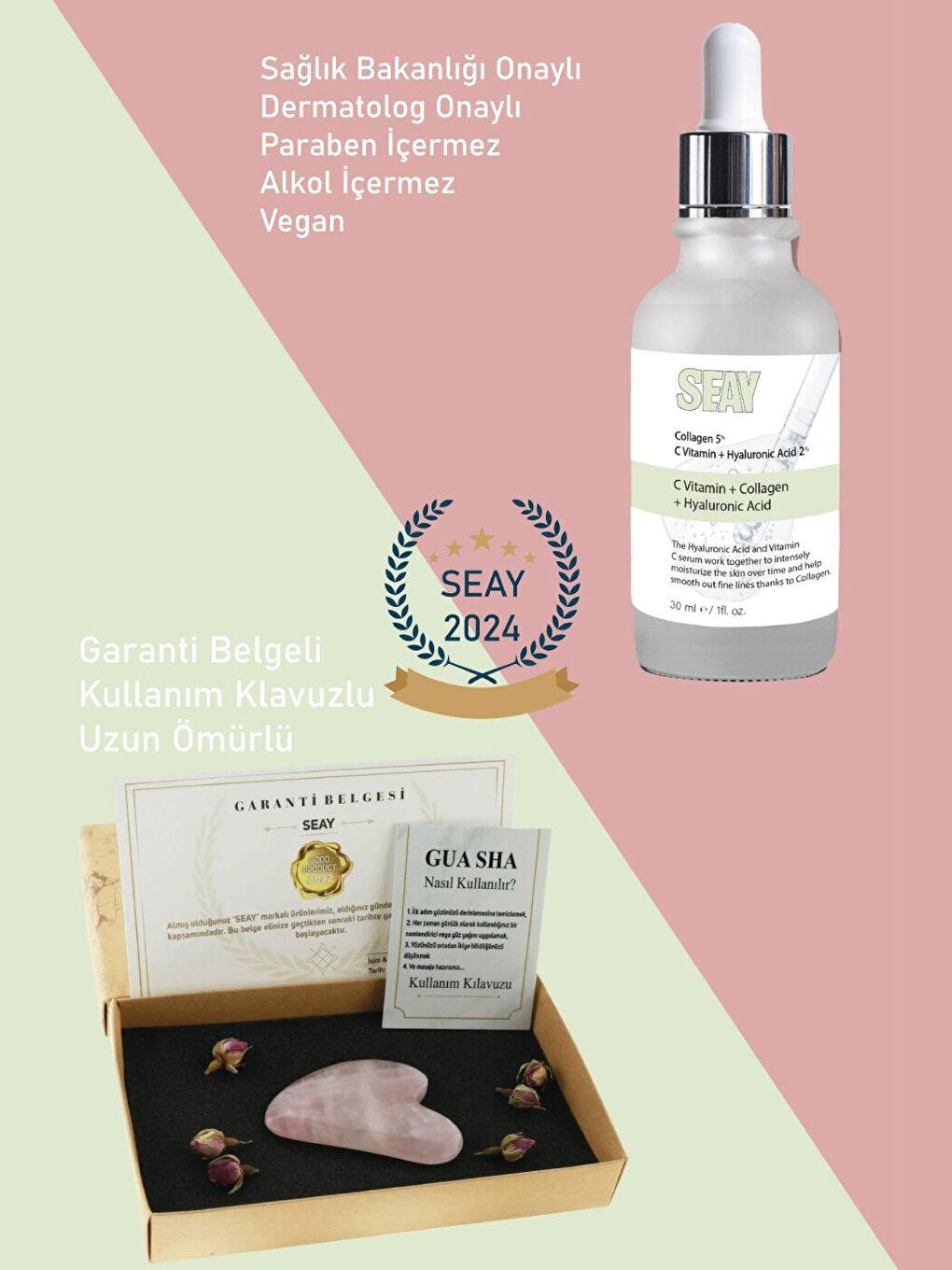 Anti-Aging C Vitaminli Cilt Bakım Serumu ve Pembe Kuvars Kalp Gua Sha Yüz Masaj Aleti-1