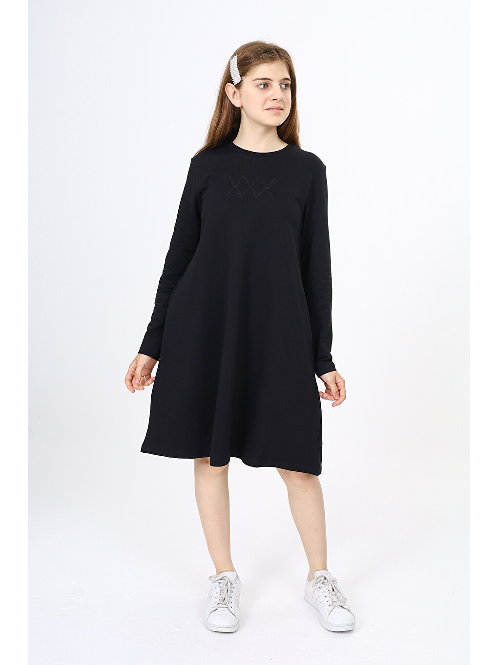 Siyah Kız Çocuk Baskılı Oversize Bisiklet Yaka Uzun Kollu Cepli Elbise-3