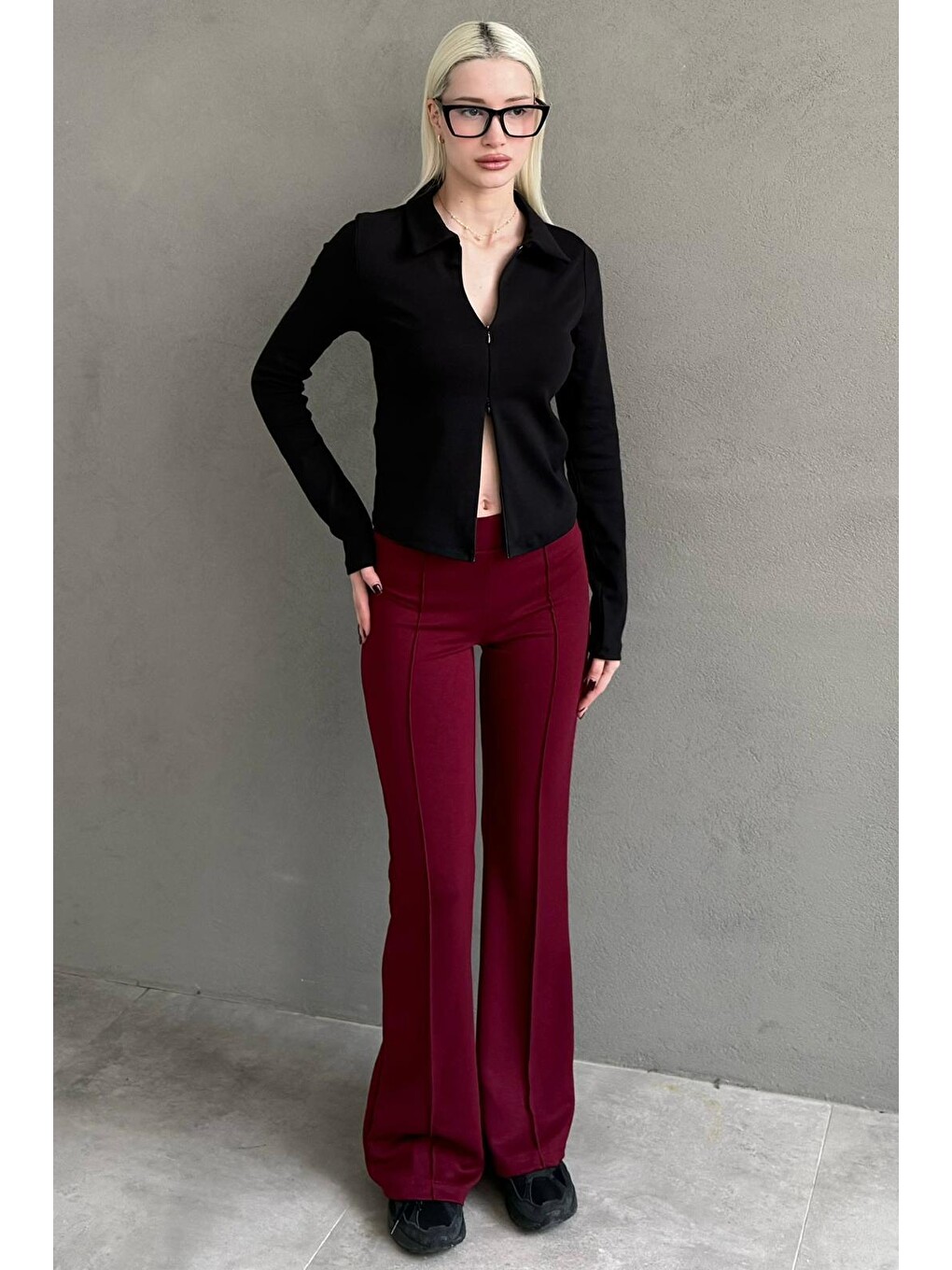 Bordo Yeşili Yüksek Bel Flare Paça Günlük Kadın Pantolon Mg2645