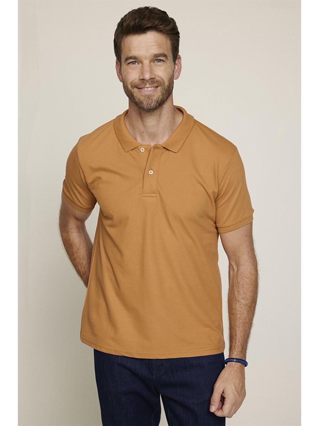 Kahverengi Erkek Slim Fit Dar Kesim %100 Pamuk Düz Pike Tarçın Renk Polo Yaka Tişört