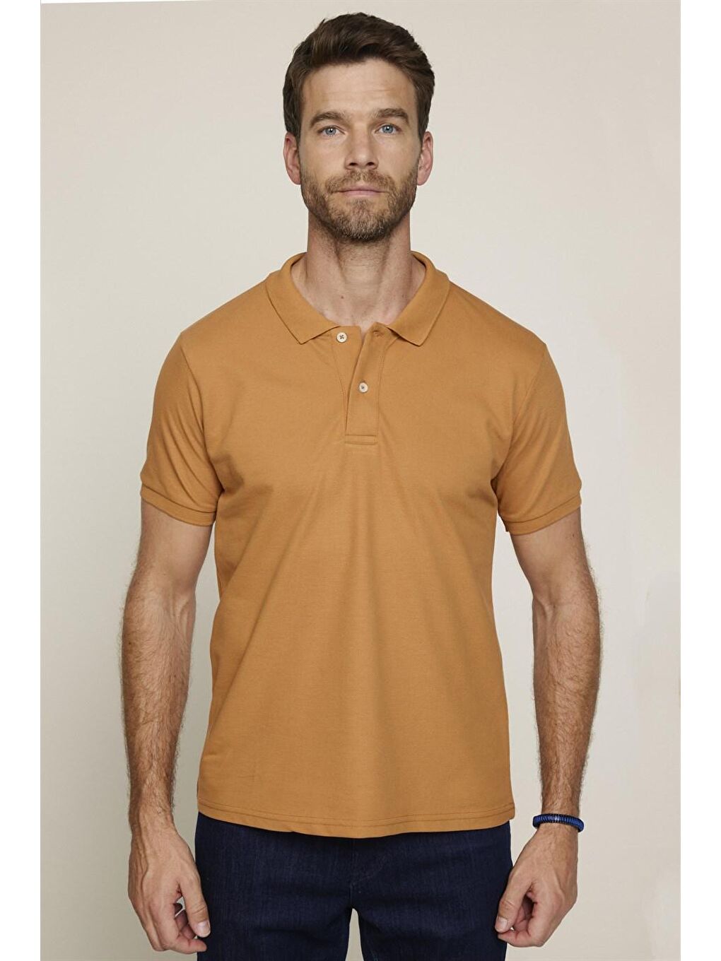 Kahverengi Erkek Slim Fit Dar Kesim %100 Pamuk Düz Pike Tarçın Renk Polo Yaka Tişört-2