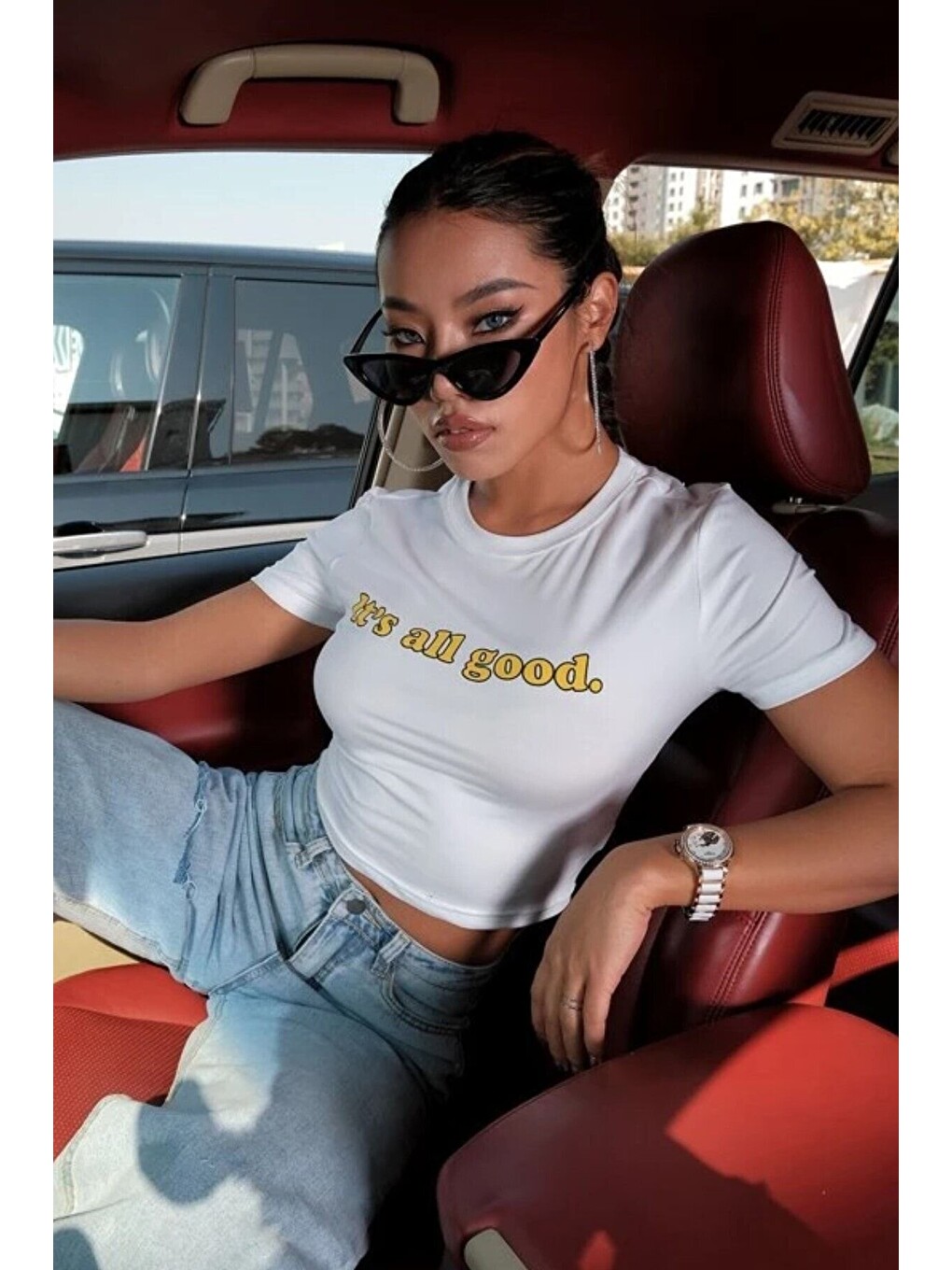 Kadın Beyaz It S All Good Baskılı Dar Crop T Shirt-1