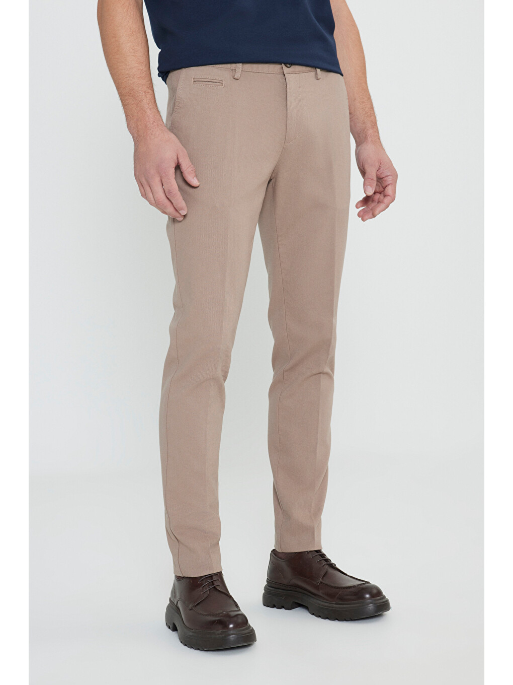 Erkek Bej Slim Fit Dar Kesim Yan Cepli Pamuklu Esnek Armürlü Pantolon