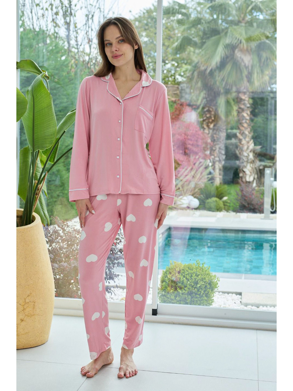 Kadın Kalp Desenli Önü Düğmeli Yumuşak Milan Kumaş Pijama Takımı 250376 Pembe02
