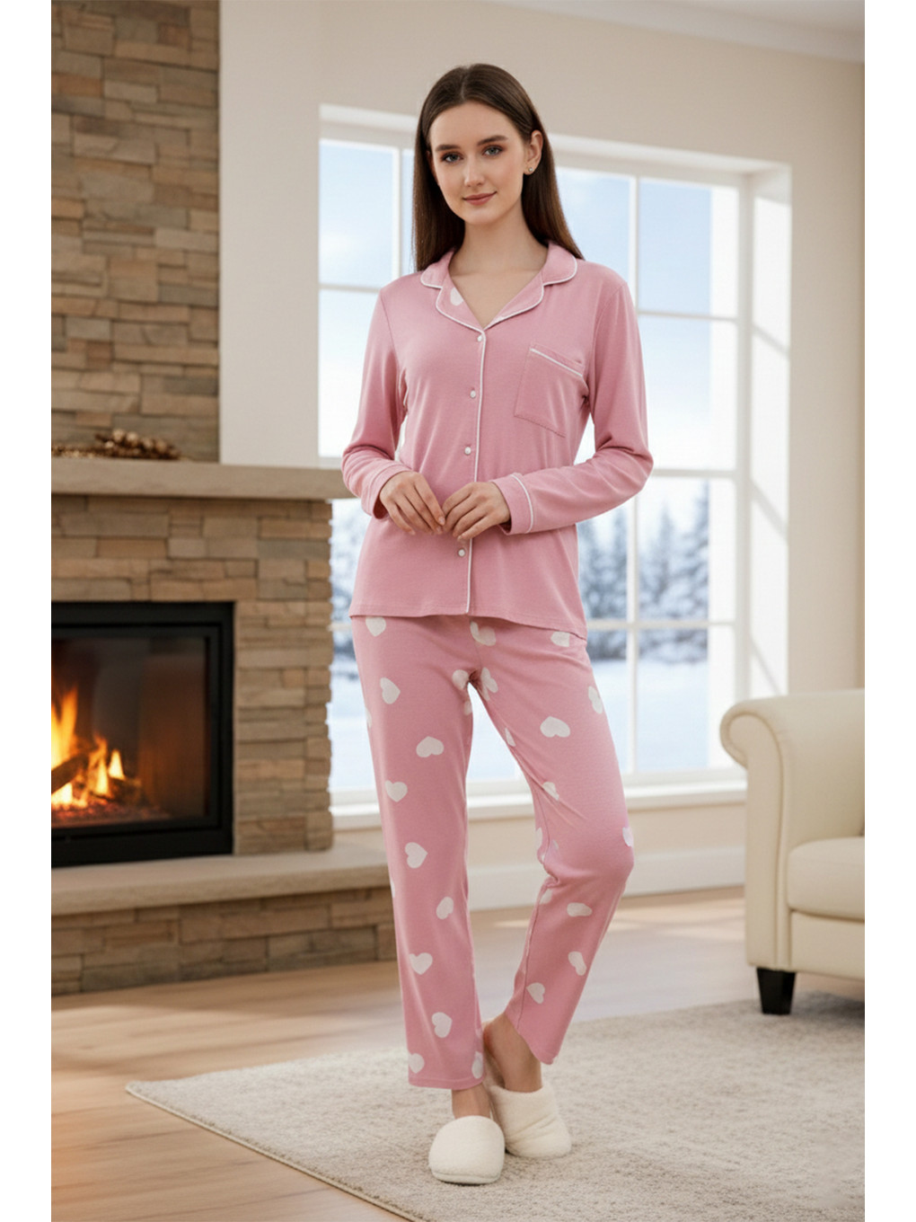 Kadın Kalp Desenli Önü Düğmeli Yumuşak Milan Kumaş Pijama Takımı 250376 Pembe02-1