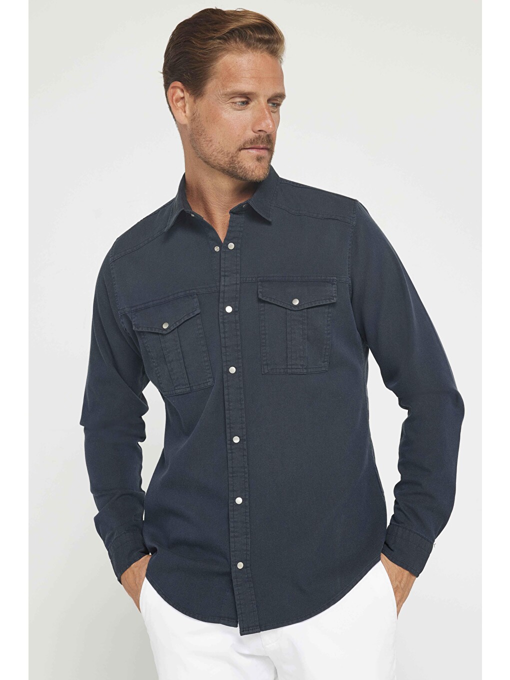 Erkek Slim Fit Uzun Kollu Spor Yaka Yıkamalı Çift Cepli Armürlü Denim Jean Antrasit Gömlek
