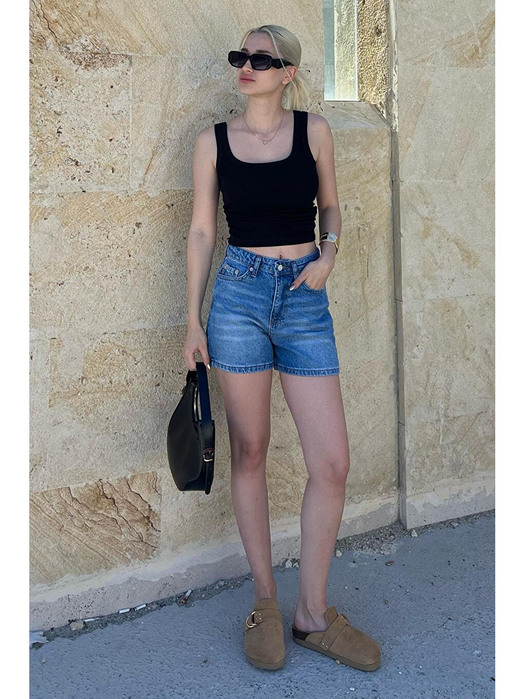 Mavi Yüksek Bel Cepli Jean Şort-4