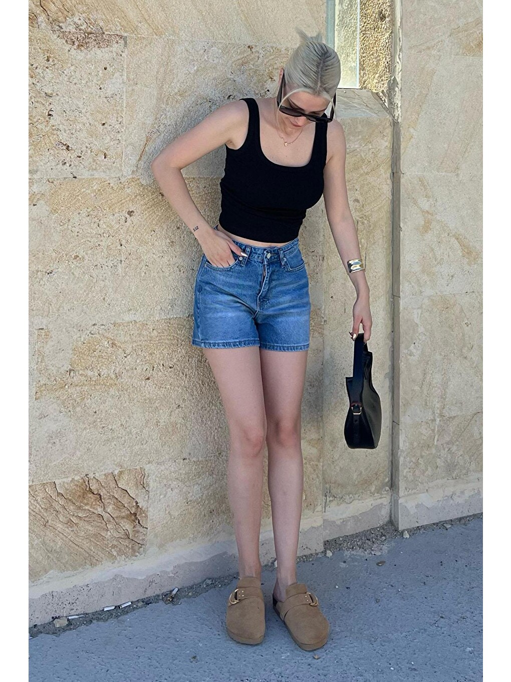 Mavi Yüksek Bel Cepli Jean Şort-5