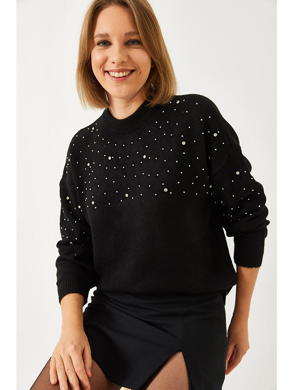 Siyah Kadın Taş İşlemeli Triko Kazak-1