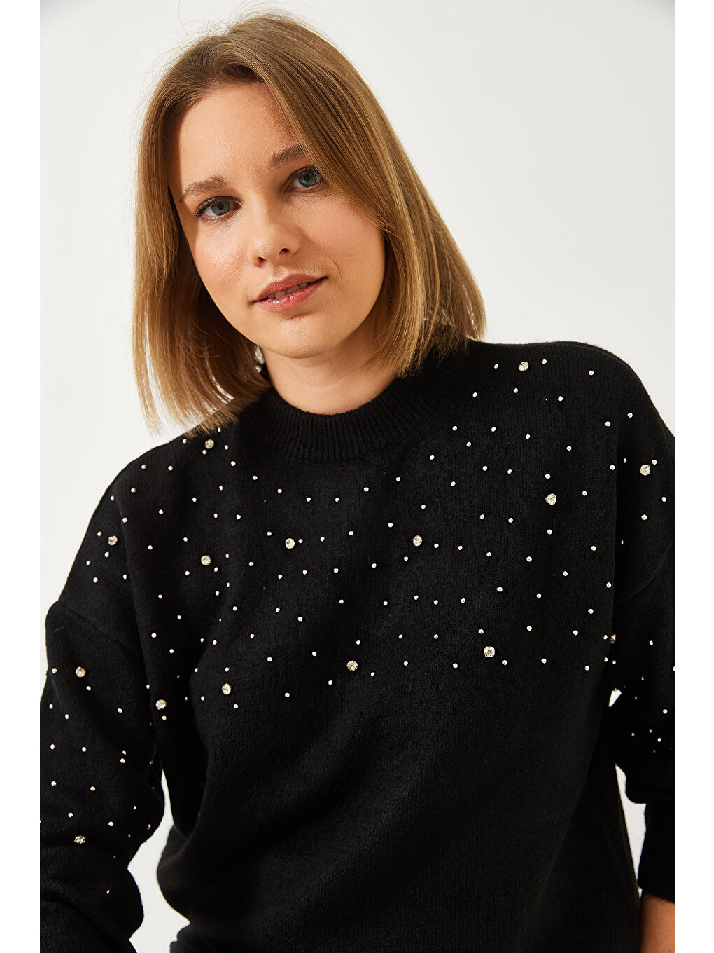 Siyah Kadın Taş İşlemeli Triko Kazak-2