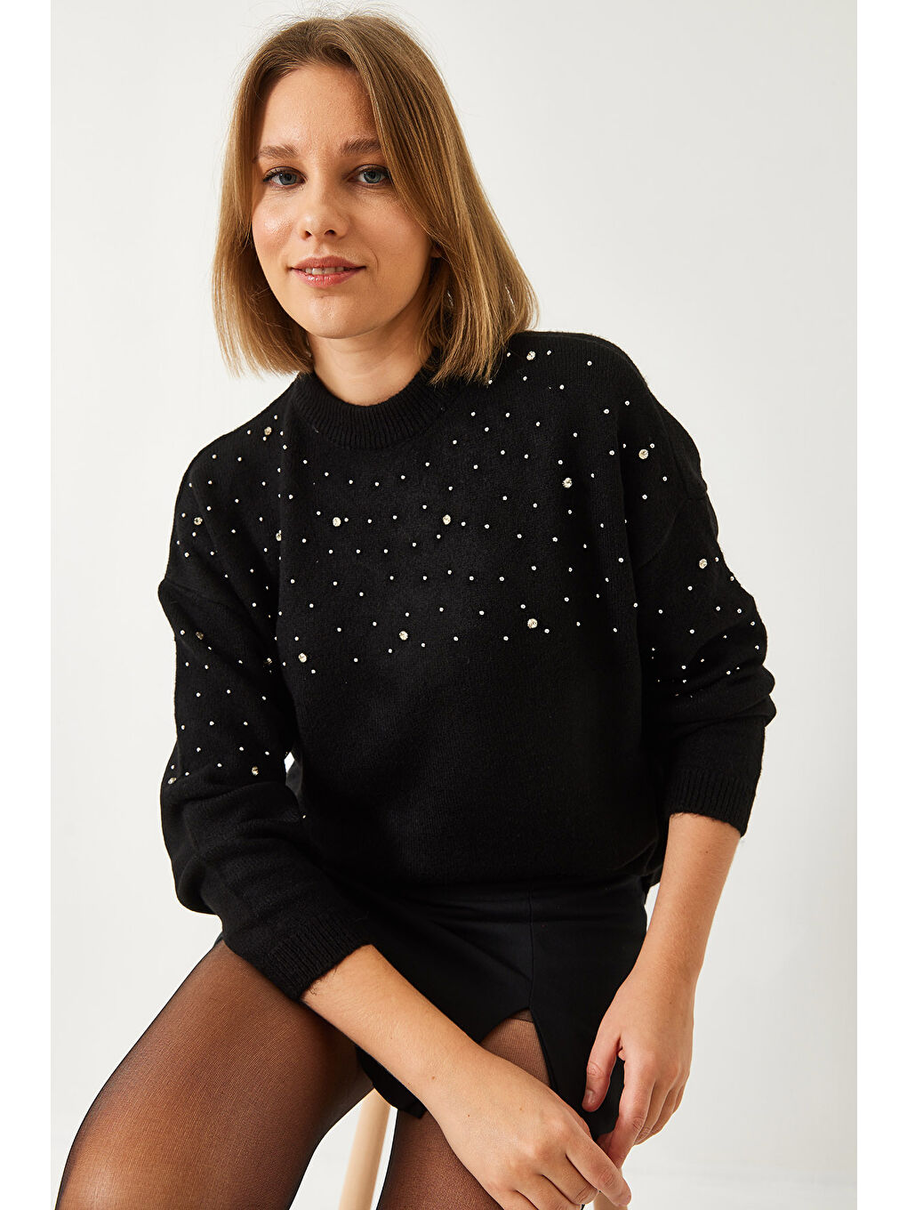 Siyah Kadın Taş İşlemeli Triko Kazak-3