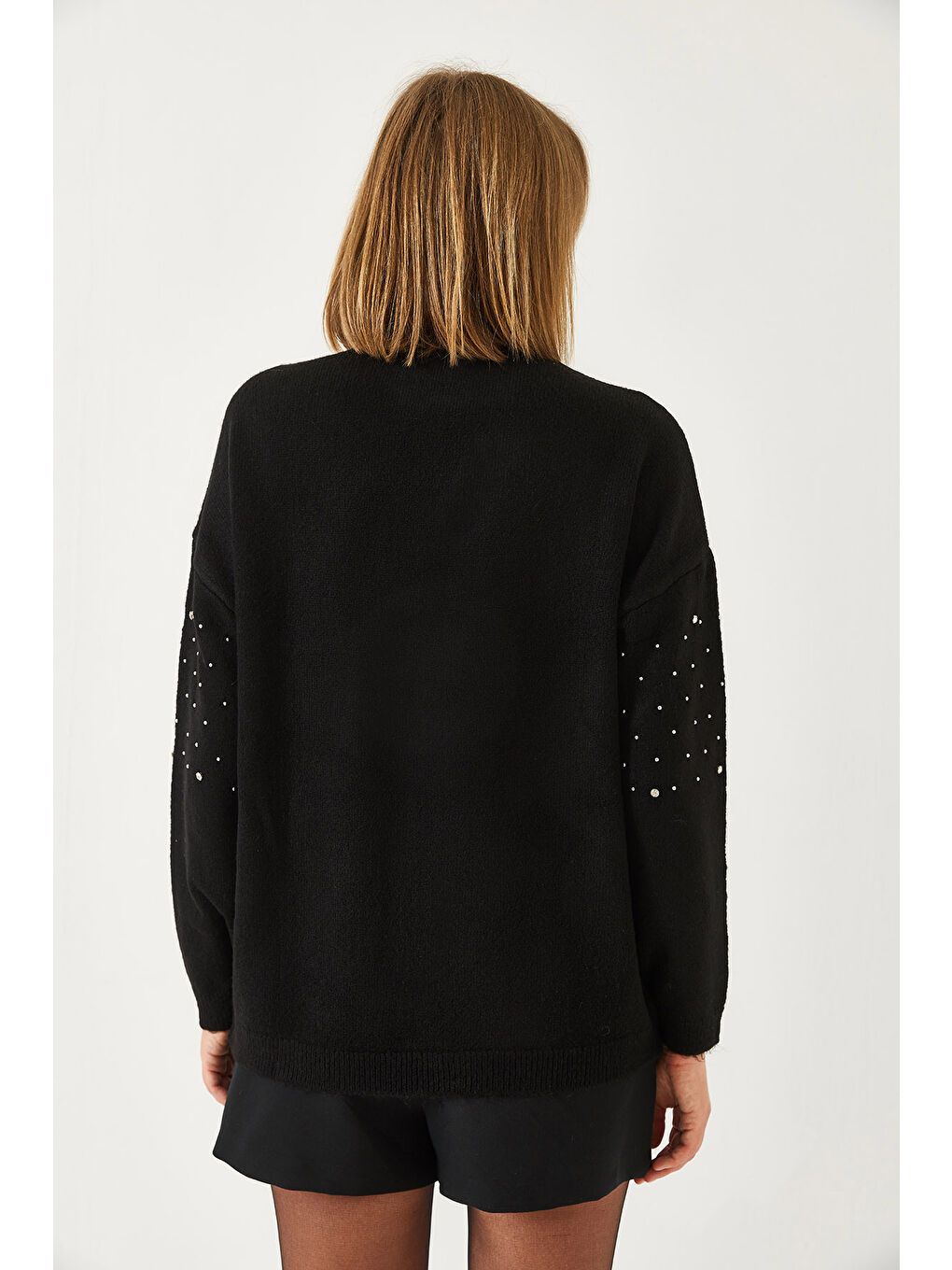 Siyah Kadın Taş İşlemeli Triko Kazak-5